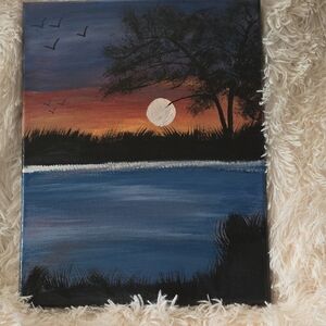 Serene Sunset Over Lake Canvas Art - Blue, Orange, Black